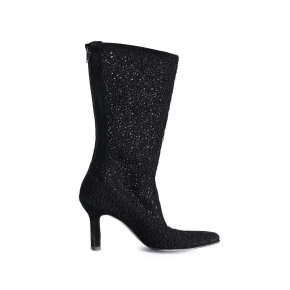 VTG Stuart Weitzman Guipure Lace Boots Sz 8.5 Heels Suede Glam Whimsigoth Retro - Picture 1 of 8